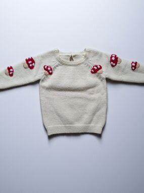 Cream Knit Sweater with Red Mushroom